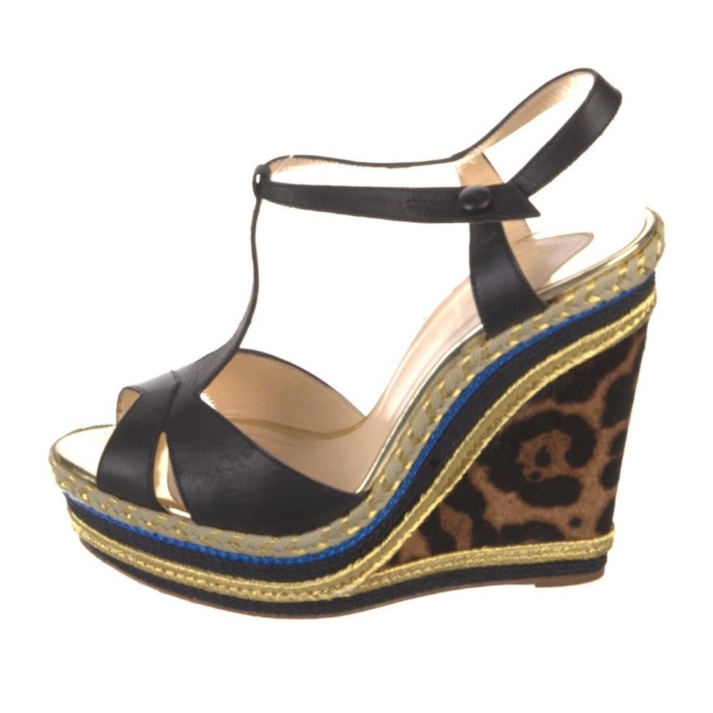 Christian Louboutin Trotolita 140 Calf/Pony Leopard Black Espadrille Wedge Sz 41